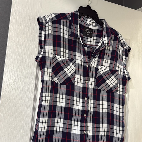 JACHS‎ Girlfriend Cap Sleeve Plaid Button Down Top Sz Medium - Picture 3 of 7